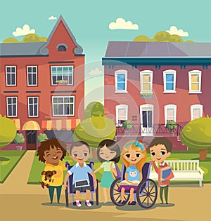 Group of Happy Children with books and tablets stand on a sunny city street. Schoolyard. Caring for the disabled child concept. Le