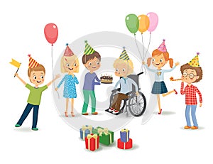 Group of happy children congratulates disabled child on his birthday