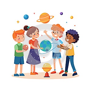 Children Exploring Space and Planets: A Fun and Educational Illustration
