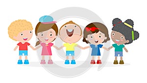 Group of happy children holding hands. Friendship concept Isolated on white background..