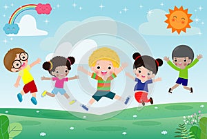 Group of happy children jumping on summer meadow, kid jump together Template for advertising brochure