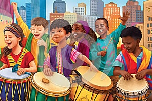 Group of happy children playing on music instruments at the festival, AI generative image