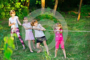 Group of happy children playing tug of war outside on grass. Kids pulling rope at park