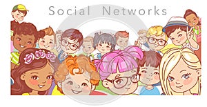 Group of happy children, teenagers, making selfie portrait. Social networks