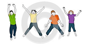 Group of happy cute kids jumping vector drawing.