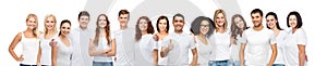 Group of happy different people in white t-shirts