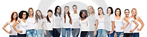 Group of happy different women in white t-shirts