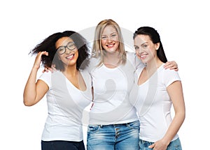 Group of happy different women in white t-shirts