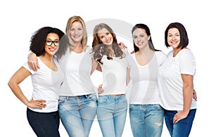 Group of happy different women in white t-shirts