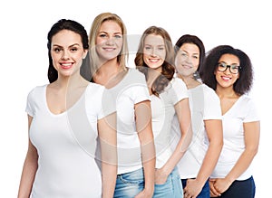 Group of happy different women in white t-shirts