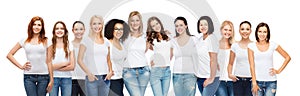 Group of happy different women in white t-shirts