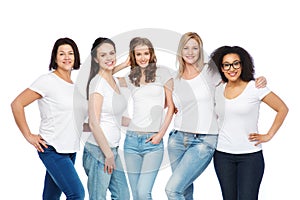 Group of happy different women in white t-shirts