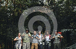 Group of happy diverse campers