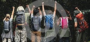 Group of happy diverse campers