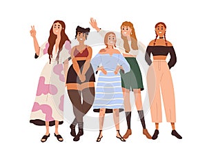 Group of happy diverse women. Different girls community, team portrait. Beauty diversity, sisterhood, inclusion concept