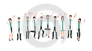 Group of happy doctor raising hand celebrating success in flat icon design