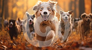 Group of happy dogs running against an autumn forest at sunset background.