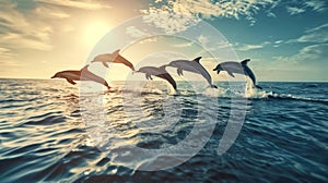 a group of happy dolphins jump out of the water showing themself