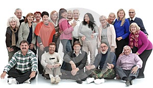 Group of happy elderly people standing and sitting isolated over a white background