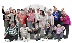 Group of happy elderly people standing and sitting isolated over a white background