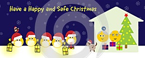 Group of happy emojis in Christmas hats and face masks with dog and birds social distance visiting seniors at home