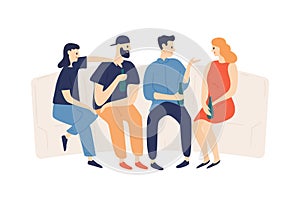 Group of happy friends drinking beer at party vector flat illustration. Smiling boys and girls talking together isolated