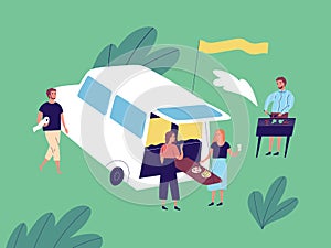 Group of happy friends enjoying outdoor picnic at camping car vector flat illustration. Tourists man and woman cooking
