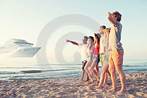 Group of happy friends having fun at ocean beach. Travel with cruiseship concept