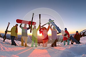 Group happy friends having fun at Sheregesh ski resort