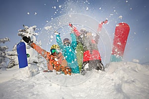 Group happy friends having fun at Sheregesh ski resort