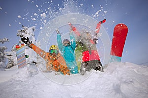 Group happy friends having fun at Sheregesh ski resort.