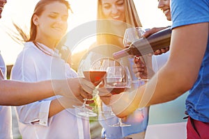 Group of happy friends having red wine on the beach