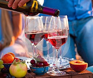 Group of happy friends having red wine on the sunset beach.