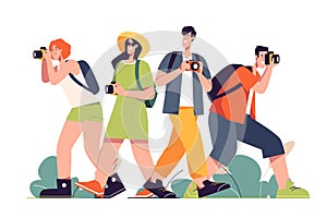 A group of happy friends tourists travelers. Vector illiustration