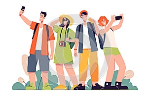 A group of happy friends tourists travelers. Vector illiustration
