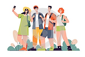 A group of happy friends tourists travelers. Vector illiustration