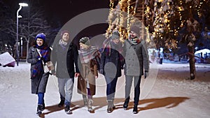 Group of happy friends walking under snowfall, have fun and communicate in slow motion. People hanging on snowy winter