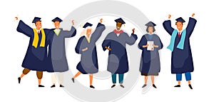 Skupina z šťastný stupnicí nošení akademický šaty talár nebo roucho a čepice a držení diplom. chlapci a 