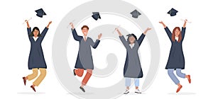 Group of happy graduated students wearing academic dress, gown or robe and graduation cap and holding diploma. Boys and