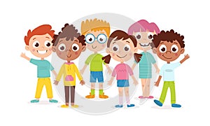 Group of happy international children. Boys and girls. Vector cartoon illustration isolated on white