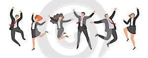 Group of happy jumping office workers in flat style isolated on white background. Cheerful Working Day. Business people