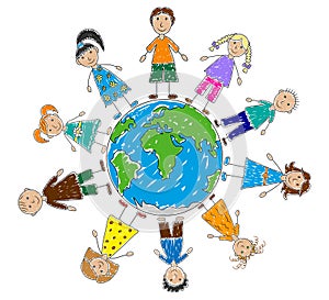Group of happy kids around planet earth, hand drawn style. Color painted preschool children. Childhood and friendship. Vector