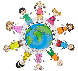 Group of happy kids around planet earth, hand drawn style. Color preschool children. Childhood and friendship. Vector illustration