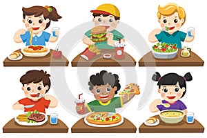 Group of Happy Kids eating delicious food. photo