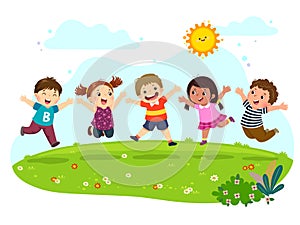 Group of happy kids jumping on summer meadow photo