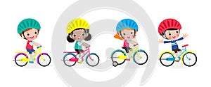 Group of Happy kids riding bikes, set of cute children on bicycle, Sports concept, Funny child biking Playing Outside together