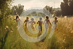 Group of happy kids running in the field at sunset. Children having fun outdoors. A group of happy children full rear view running