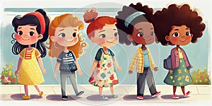 Group of happy little girls walking outdoors on a summer day. Illustration for children\'s book, cartoon style. Generative AI