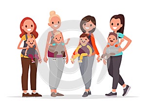 Group of happy mothers with children in baby sling. Moms with kids. Vector illustration