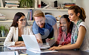 Group of happy multiethnic success business people working and brainstorming in corporate office